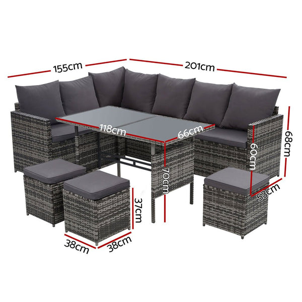Furniture > Outdoor - Gardeon Outdoor Furniture Dining Setting Sofa Set Lounge Wicker 9 Seater Mixed Grey - Garden Yard