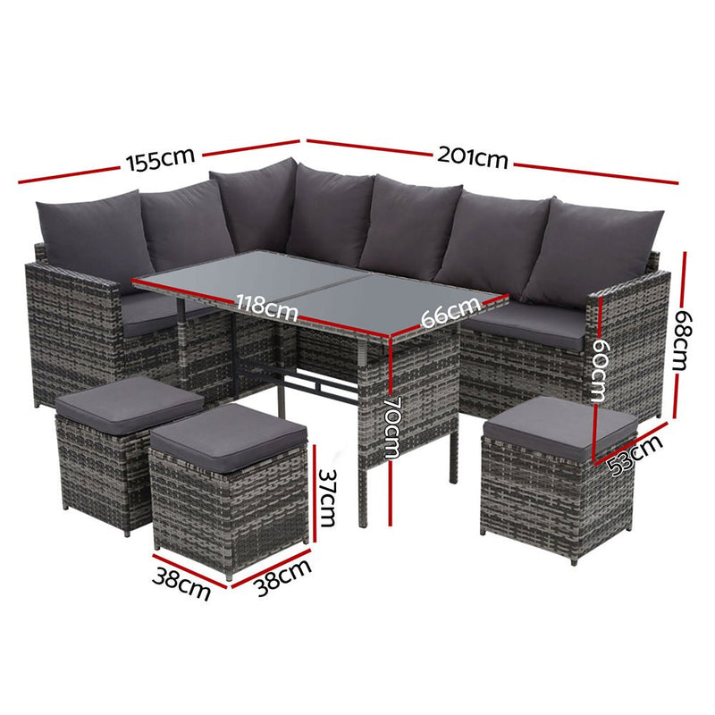 Furniture > Outdoor - Gardeon Outdoor Furniture Dining Setting Sofa Set Lounge Wicker 9 Seater Mixed Grey - Garden Yard