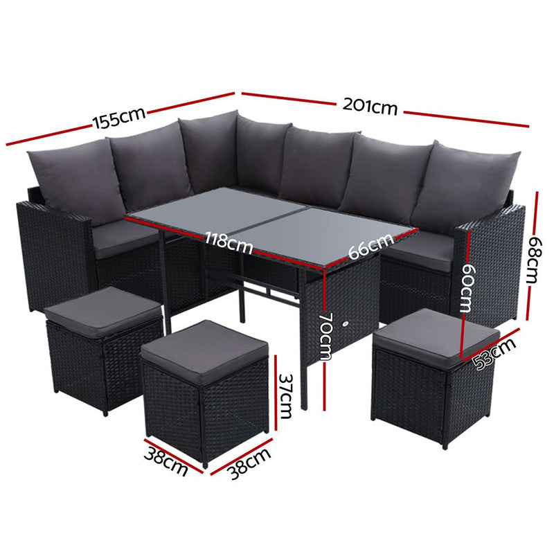 Furniture > Outdoor - Gardeon Outdoor Furniture Dining Setting Sofa Set Wicker 9 Seater Storage Cover Black - Garden Yard