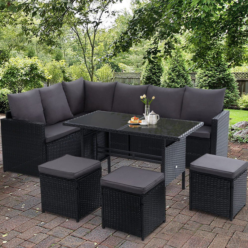 Furniture > Outdoor - Gardeon Outdoor Furniture Dining Setting Sofa Set Wicker 9 Seater Storage Cover Black - Garden Yard