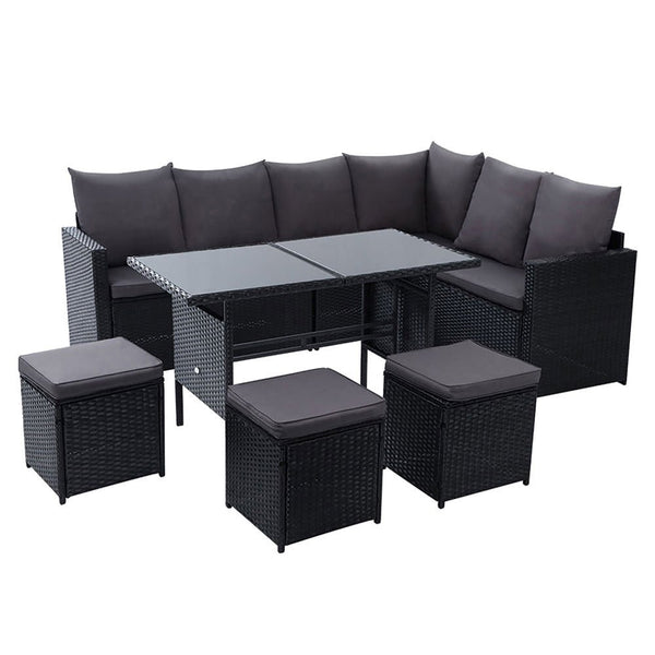 Furniture > Outdoor - Gardeon Outdoor Furniture Dining Setting Sofa Set Wicker 9 Seater Storage Cover Black - Garden Yard