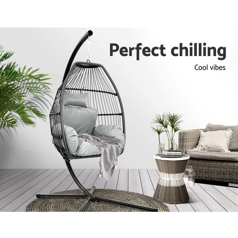 Furniture > Outdoor - Gardeon Outdoor Furniture Egg Hammock Hanging Swing Chair Stand Pod Wicker Grey - Garden Yard