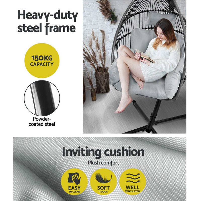 Furniture > Outdoor - Gardeon Outdoor Furniture Egg Hammock Hanging Swing Chair Stand Pod Wicker Grey - Garden Yard