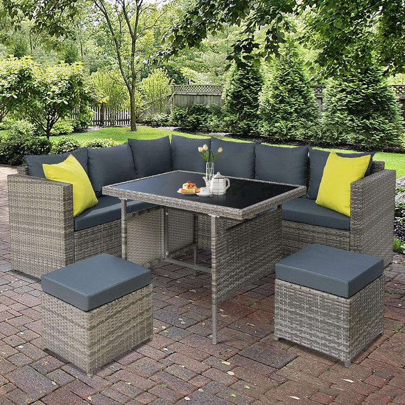 Furniture > Outdoor - Gardeon Outdoor Furniture Patio Set Dining Sofa Table Chair Lounge Garden Wicker Grey - Garden Yard