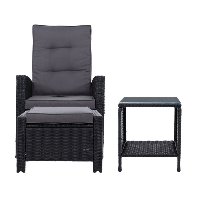 Furniture > Outdoor - Gardeon Outdoor Patio Furniture Recliner Chairs Table Setting Wicker Lounge 5pc Black - Garden Yard
