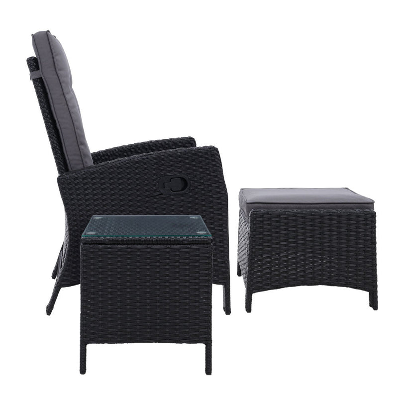 Furniture > Outdoor - Gardeon Outdoor Patio Furniture Recliner Chairs Table Setting Wicker Lounge 5pc Black - Garden Yard