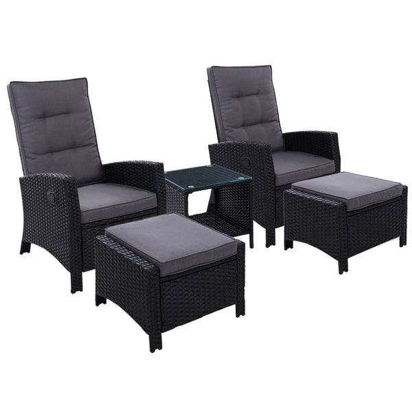 Furniture > Outdoor - Gardeon Outdoor Patio Furniture Recliner Chairs Table Setting Wicker Lounge 5pc Black - Garden Yard