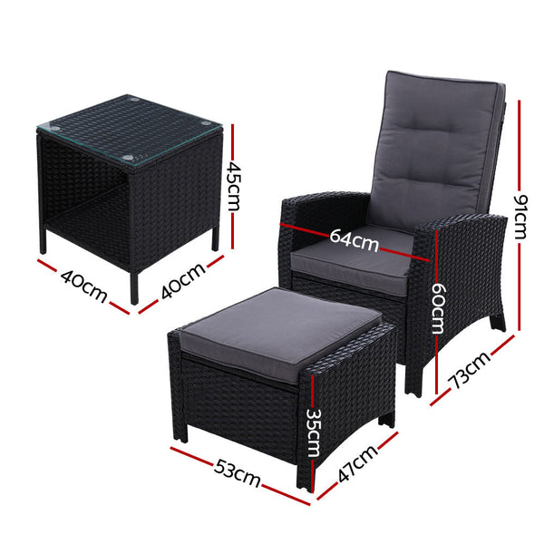 Furniture > Outdoor - Gardeon Outdoor Patio Furniture Recliner Chairs Table Setting Wicker Lounge 5pc Black - Garden Yard