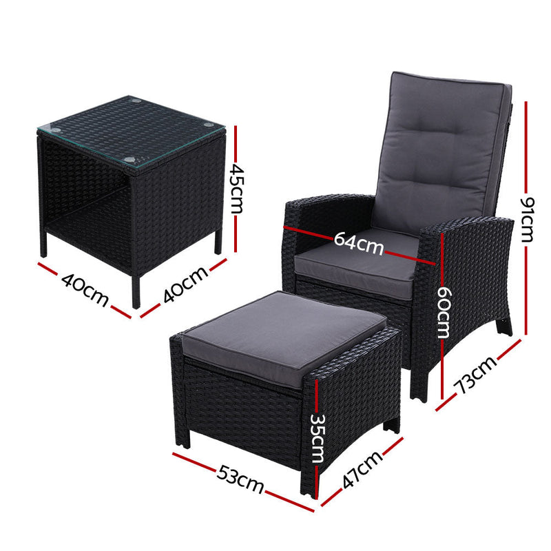 Furniture > Outdoor - Gardeon Outdoor Patio Furniture Recliner Chairs Table Setting Wicker Lounge 5pc Black - Garden Yard