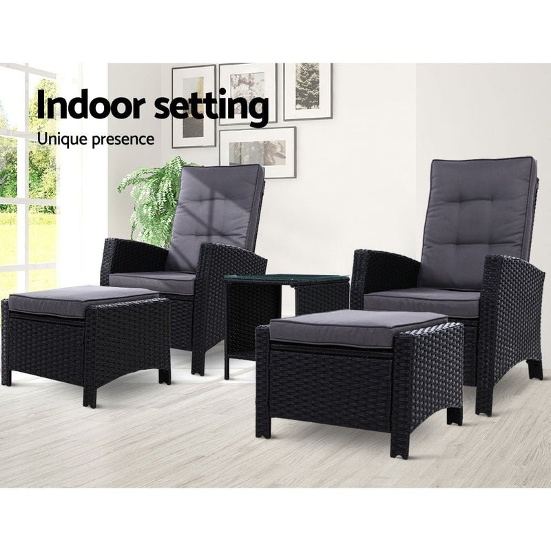 Furniture > Outdoor - Gardeon Outdoor Patio Furniture Recliner Chairs Table Setting Wicker Lounge 5pc Black - Garden Yard