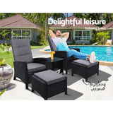 Furniture > Outdoor - Gardeon Outdoor Patio Furniture Recliner Chairs Table Setting Wicker Lounge 5pc Black - Garden Yard
