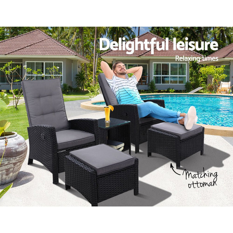 Furniture > Outdoor - Gardeon Outdoor Patio Furniture Recliner Chairs Table Setting Wicker Lounge 5pc Black - Garden Yard