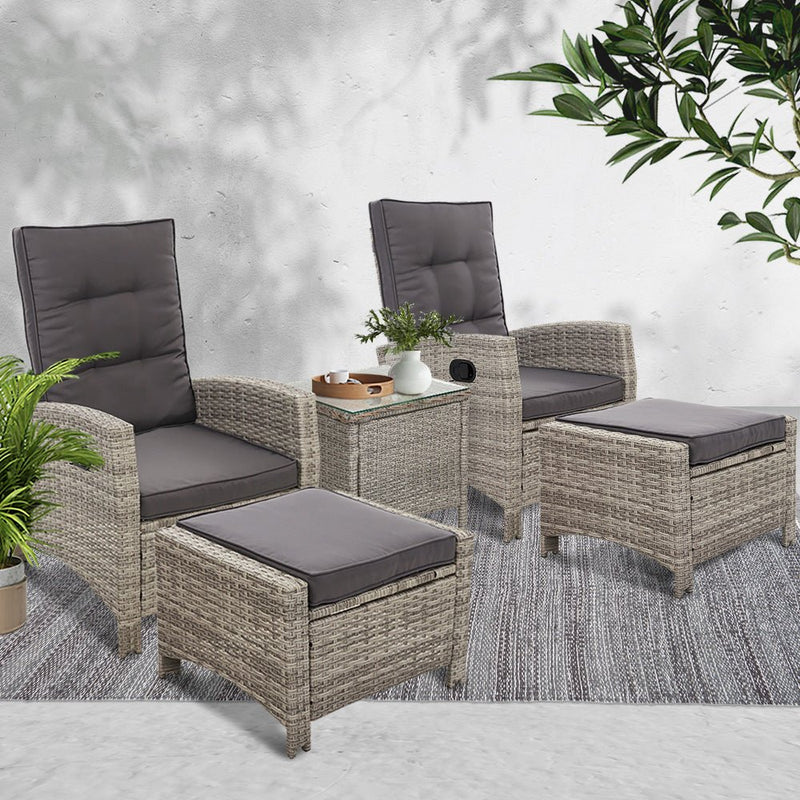 Furniture > Outdoor - Gardeon Outdoor Patio Furniture Recliner Chairs Table Setting Wicker Lounge 5pc Grey - Garden Yard