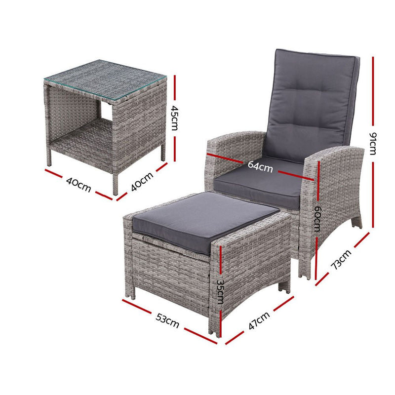 Furniture > Outdoor - Gardeon Outdoor Patio Furniture Recliner Chairs Table Setting Wicker Lounge 5pc Grey - Garden Yard