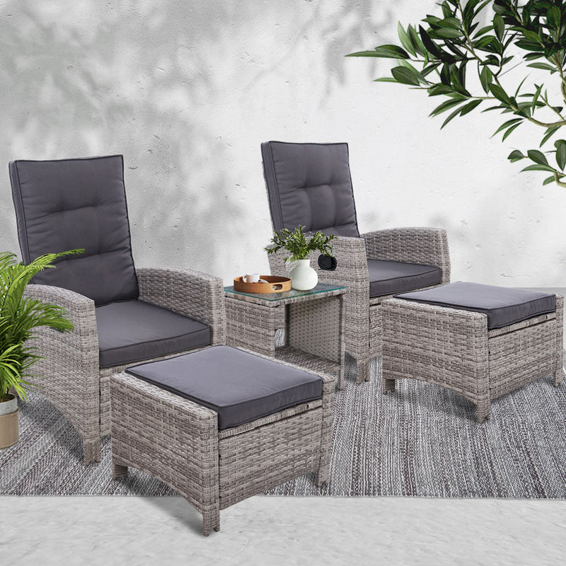 Furniture > Outdoor - Gardeon Outdoor Patio Furniture Recliner Chairs Table Setting Wicker Lounge 5pc Grey - Garden Yard