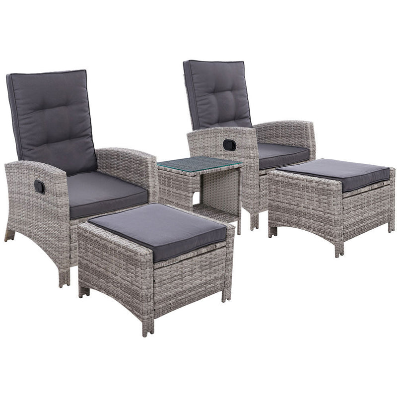 Furniture > Outdoor - Gardeon Outdoor Patio Furniture Recliner Chairs Table Setting Wicker Lounge 5pc Grey - Garden Yard
