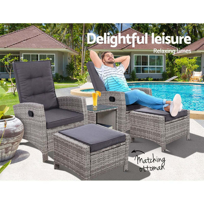 Furniture > Outdoor - Gardeon Outdoor Patio Furniture Recliner Chairs Table Setting Wicker Lounge 5pc Grey - Garden Yard