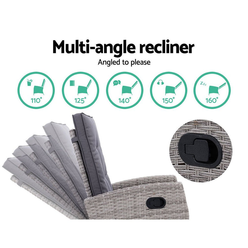 Furniture > Outdoor - Gardeon Outdoor Patio Furniture Recliner Chairs Table Setting Wicker Lounge 5pc Grey - Garden Yard