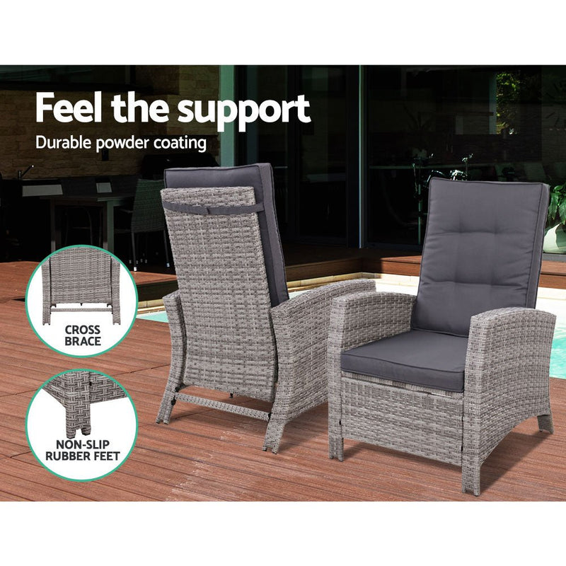 Furniture > Outdoor - Gardeon Outdoor Patio Furniture Recliner Chairs Table Setting Wicker Lounge 5pc Grey - Garden Yard