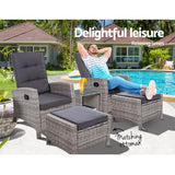Furniture > Outdoor - Gardeon Outdoor Patio Furniture Recliner Chairs Table Setting Wicker Lounge 5pc Grey - Garden Yard