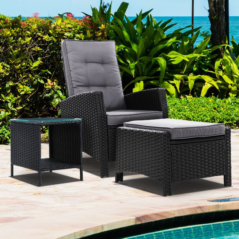 Furniture > Outdoor - Gardeon Outdoor Setting Recliner Chair Table Set Wicker lounge Patio Furniture Black - Garden Yard