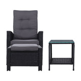 Furniture > Outdoor - Gardeon Outdoor Setting Recliner Chair Table Set Wicker lounge Patio Furniture Black - Garden Yard