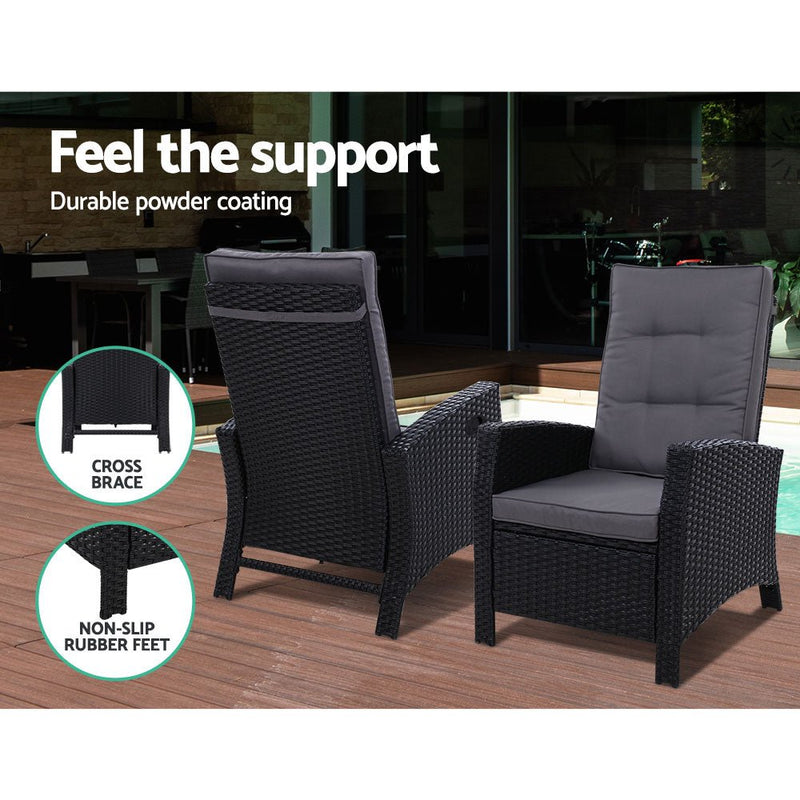 Furniture > Outdoor - Gardeon Outdoor Setting Recliner Chair Table Set Wicker lounge Patio Furniture Black - Garden Yard