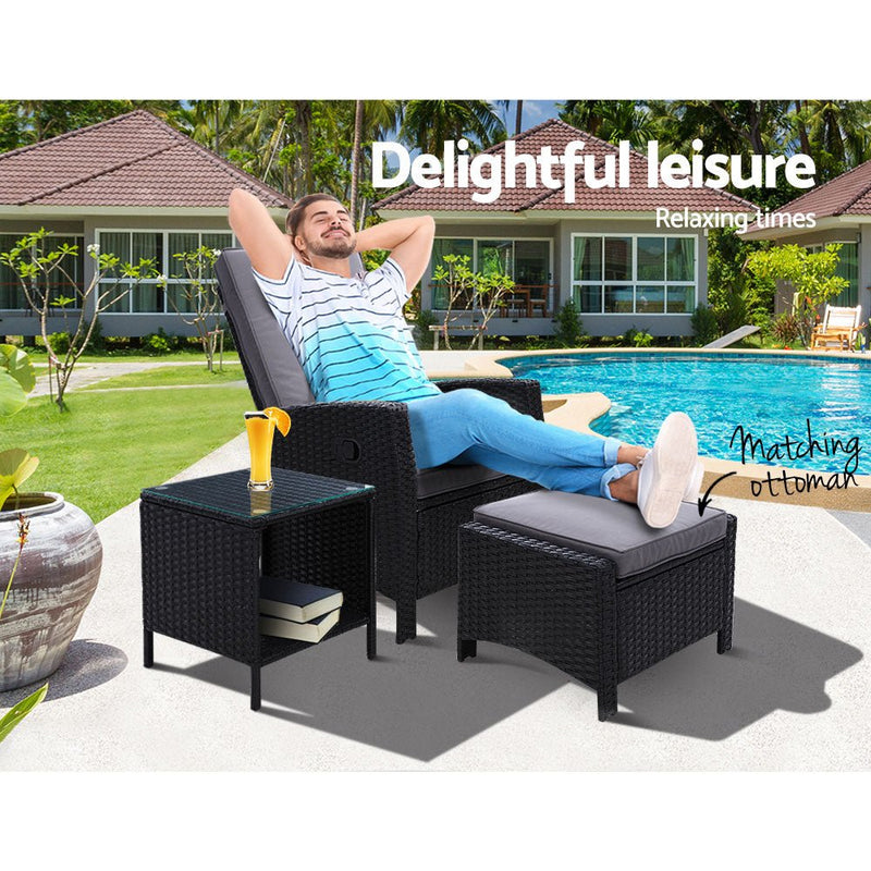 Furniture > Outdoor - Gardeon Outdoor Setting Recliner Chair Table Set Wicker lounge Patio Furniture Black - Garden Yard