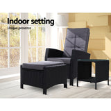 Furniture > Outdoor - Gardeon Outdoor Setting Recliner Chair Table Set Wicker lounge Patio Furniture Black - Garden Yard