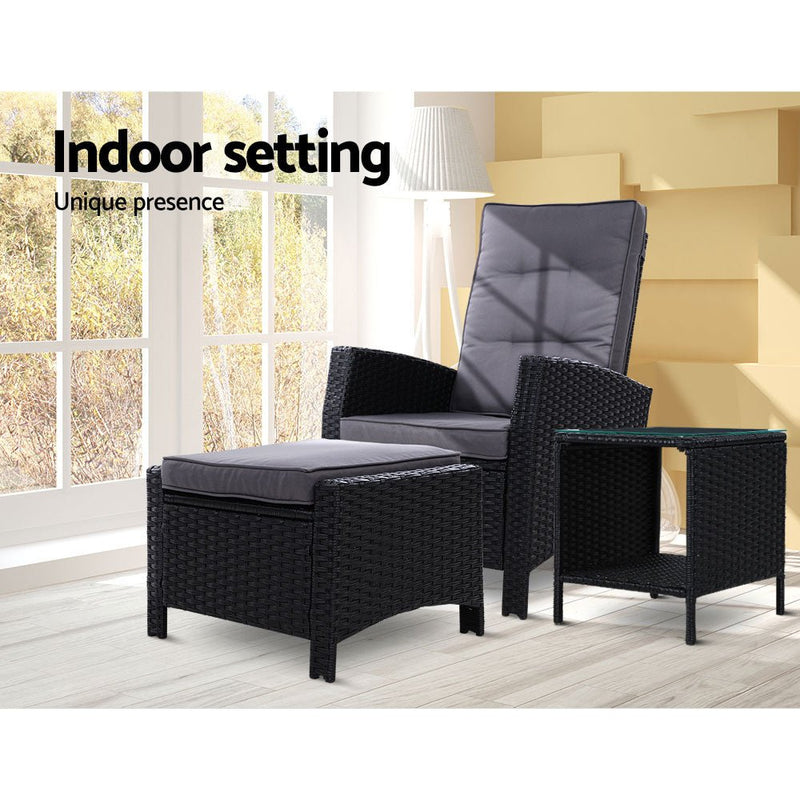Furniture > Outdoor - Gardeon Outdoor Setting Recliner Chair Table Set Wicker lounge Patio Furniture Black - Garden Yard