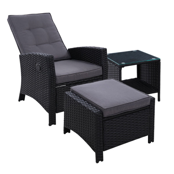 Furniture > Outdoor - Gardeon Outdoor Setting Recliner Chair Table Set Wicker lounge Patio Furniture Black - Garden Yard