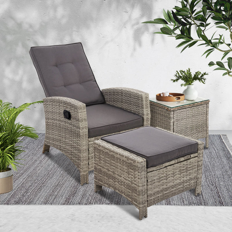 Furniture > Outdoor - Gardeon Outdoor Setting Recliner Chair Table Set Wicker lounge Patio Furniture Grey - Garden Yard
