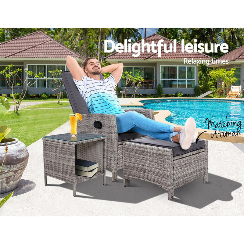 Furniture > Outdoor - Gardeon Outdoor Setting Recliner Chair Table Set Wicker lounge Patio Furniture Grey - Garden Yard