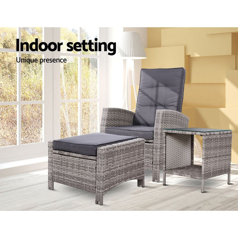 Furniture > Outdoor - Gardeon Outdoor Setting Recliner Chair Table Set Wicker lounge Patio Furniture Grey - Garden Yard