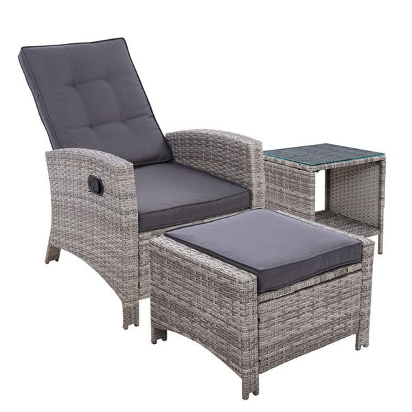 Furniture > Outdoor - Gardeon Outdoor Setting Recliner Chair Table Set Wicker lounge Patio Furniture Grey - Garden Yard
