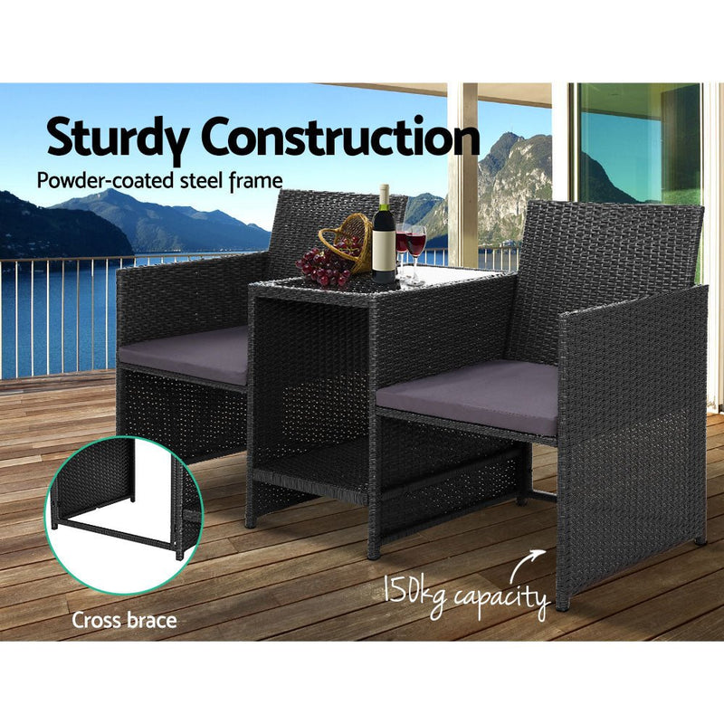 Furniture > Outdoor - Gardeon Outdoor Setting Wicker Loveseat Birstro Set Patio Garden Furniture Black - Garden Yard