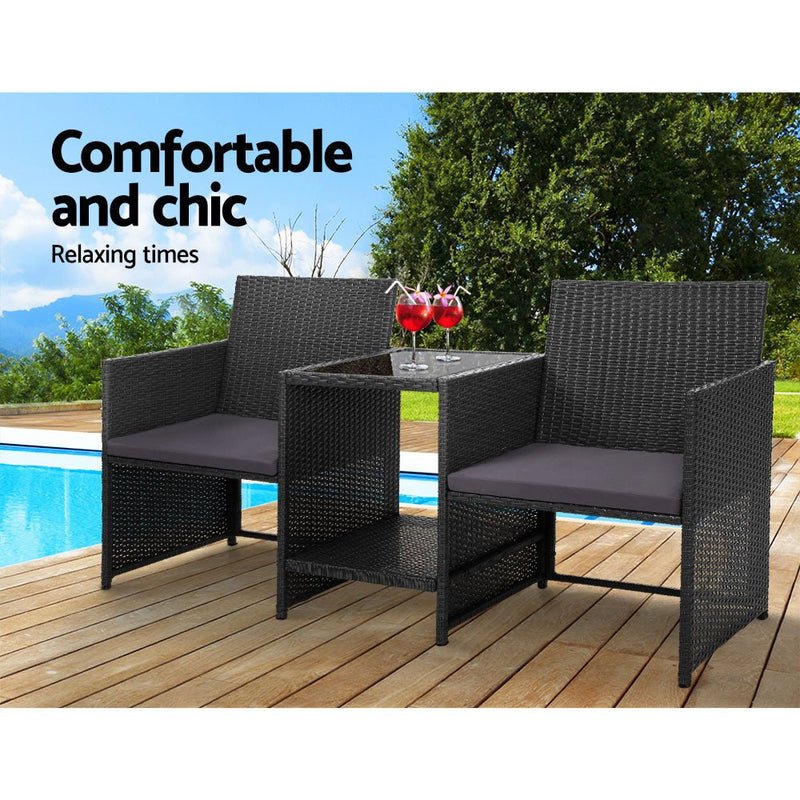 Furniture > Outdoor - Gardeon Outdoor Setting Wicker Loveseat Birstro Set Patio Garden Furniture Black - Garden Yard