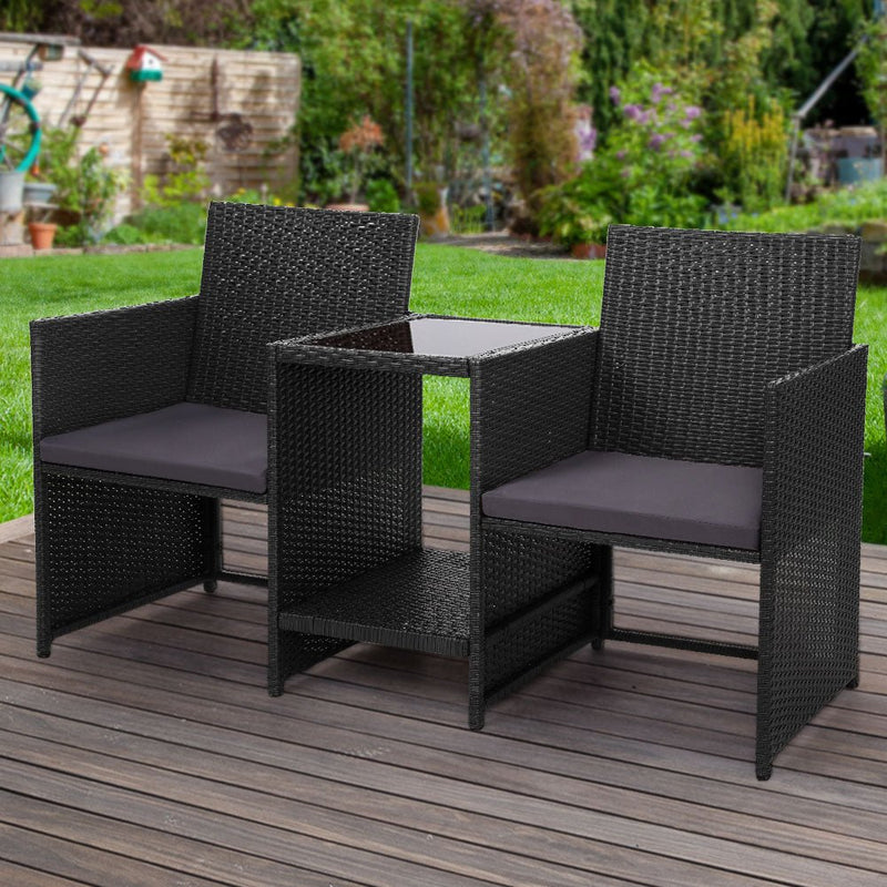 Furniture > Outdoor - Gardeon Outdoor Setting Wicker Loveseat Birstro Set Patio Garden Furniture Black - Garden Yard