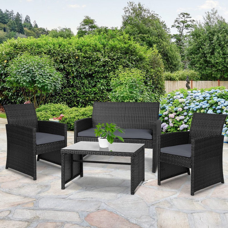 Furniture > Outdoor - Gardeon Rattan Furniture Outdoor Lounge Setting Wicker Dining Set w/Storage Cover Black - Garden Yard