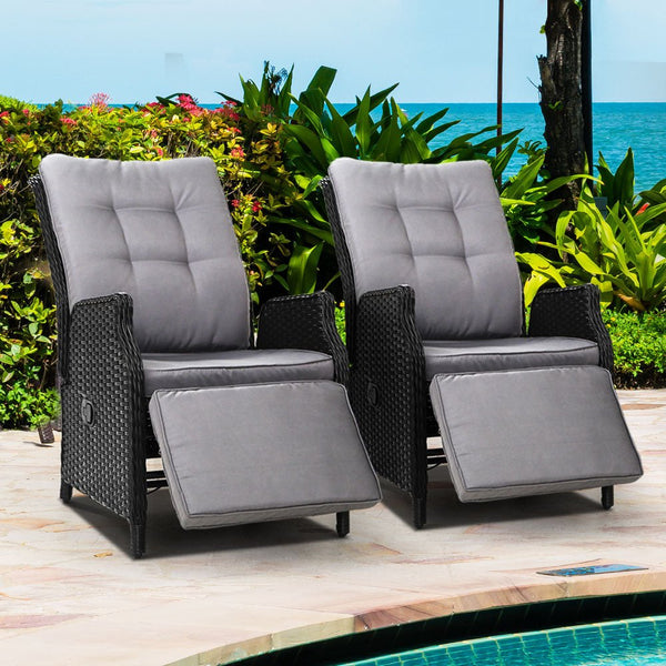 Furniture > Outdoor - Gardeon Set of 2 Recliner Chairs Sun lounge Outdoor Furniture Setting Patio Wicker Sofa Black - Garden Yard