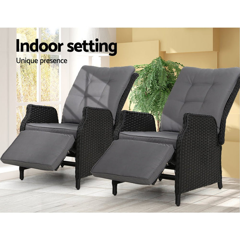 Furniture > Outdoor - Gardeon Set of 2 Recliner Chairs Sun lounge Outdoor Furniture Setting Patio Wicker Sofa Black - Garden Yard