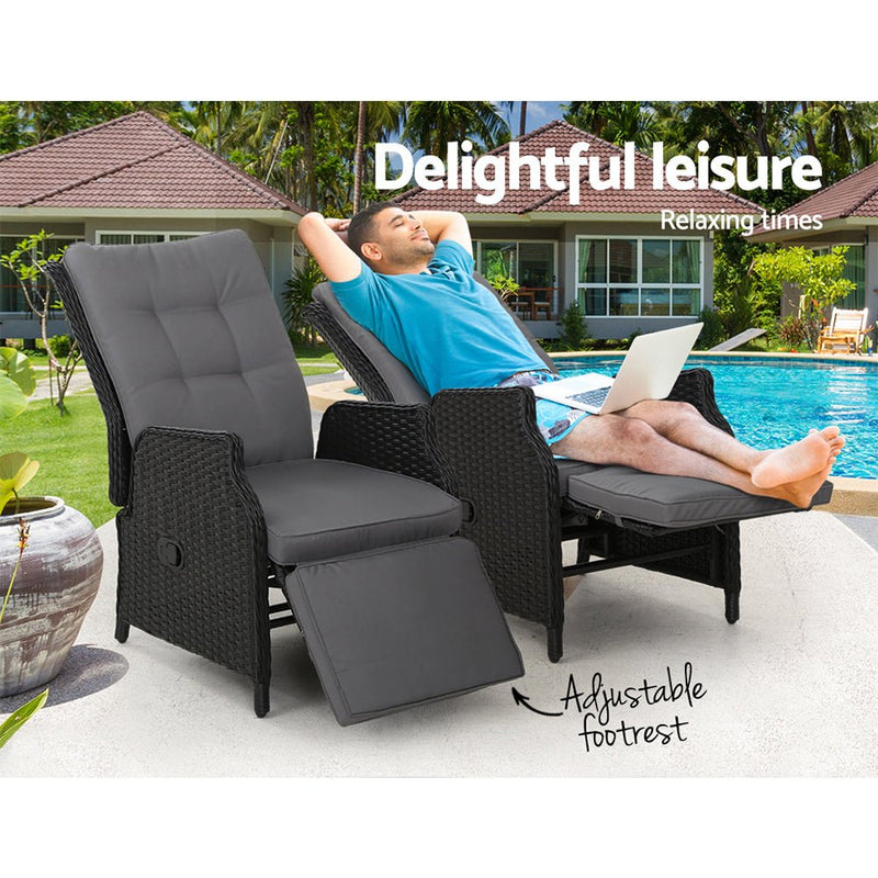 Furniture > Outdoor - Gardeon Set of 2 Recliner Chairs Sun lounge Outdoor Furniture Setting Patio Wicker Sofa Black - Garden Yard