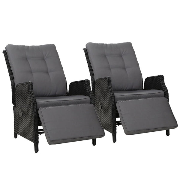 Furniture > Outdoor - Gardeon Set of 2 Recliner Chairs Sun lounge Outdoor Furniture Setting Patio Wicker Sofa Black - Garden Yard