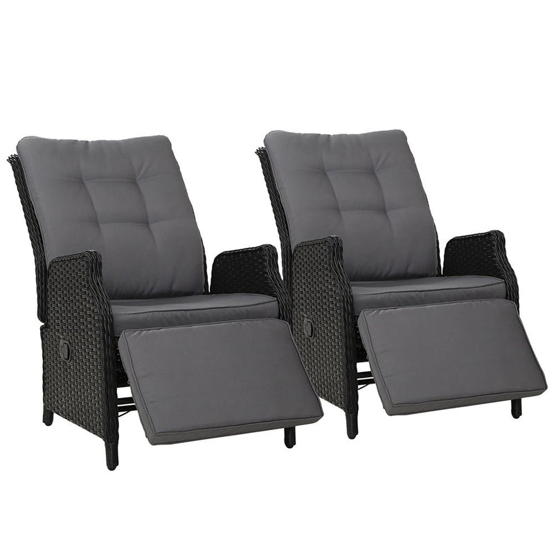 Furniture > Outdoor - Gardeon Set of 2 Recliner Chairs Sun lounge Outdoor Furniture Setting Patio Wicker Sofa Black - Garden Yard