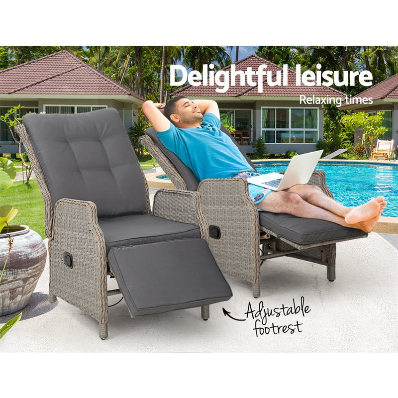 Furniture > Outdoor - Gardeon Set of 2 Recliner Chairs Sun lounge Outdoor Furniture Setting Patio Wicker Sofa Grey - Garden Yard