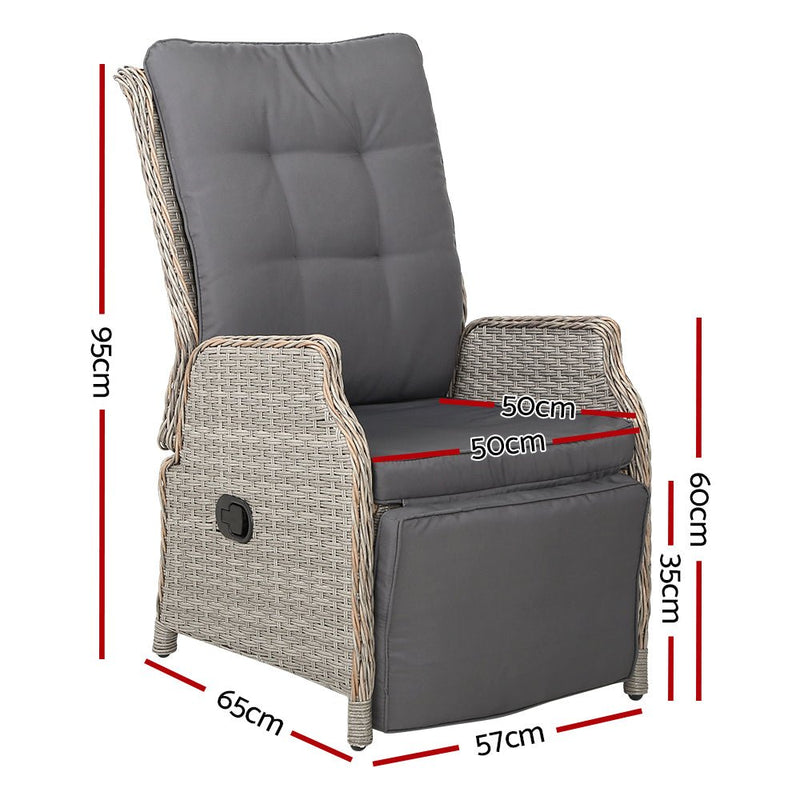 Furniture > Outdoor - Gardeon Set of 2 Recliner Chairs Sun lounge Outdoor Furniture Setting Patio Wicker Sofa Grey - Garden Yard