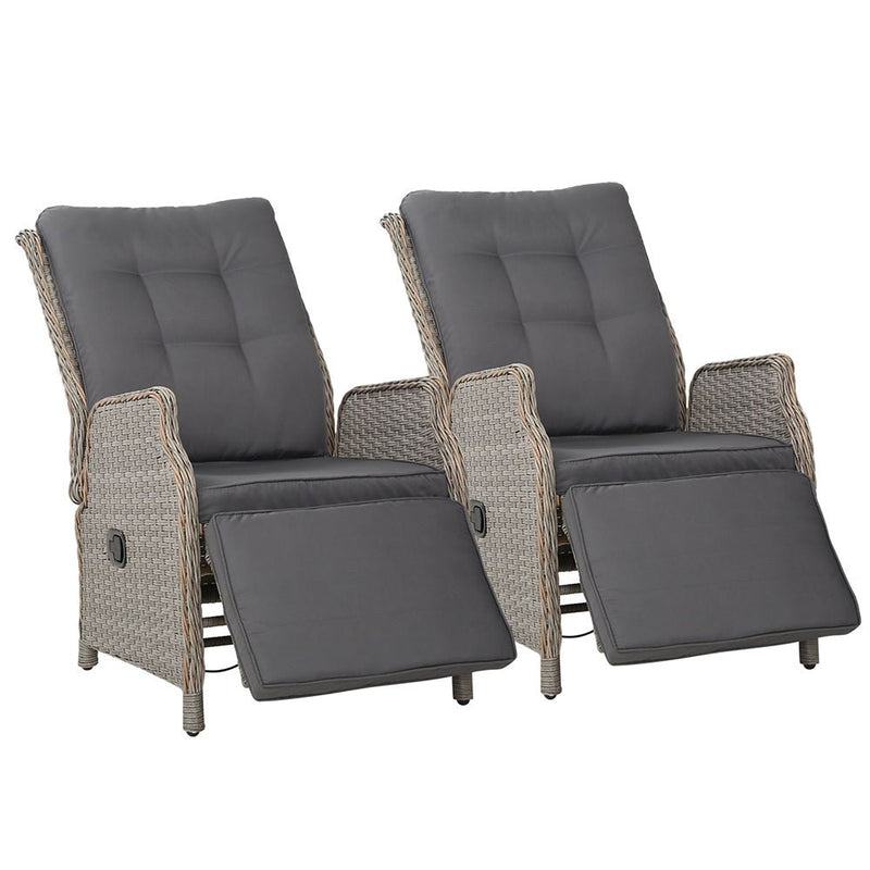 Furniture > Outdoor - Gardeon Set of 2 Recliner Chairs Sun lounge Outdoor Furniture Setting Patio Wicker Sofa Grey - Garden Yard