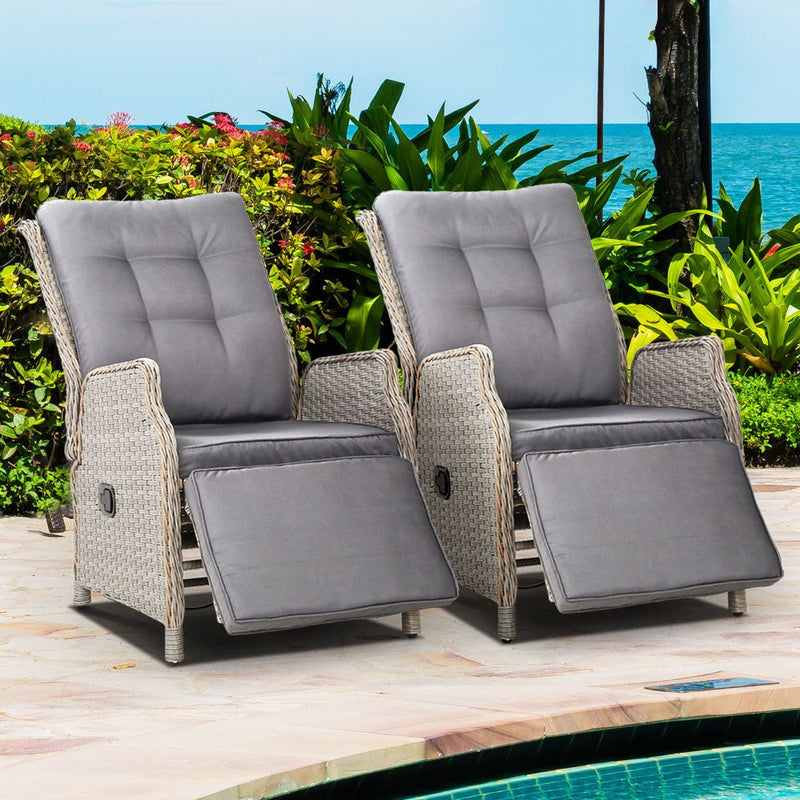 Furniture > Outdoor - Gardeon Set of 2 Recliner Chairs Sun lounge Outdoor Furniture Setting Patio Wicker Sofa Grey - Garden Yard