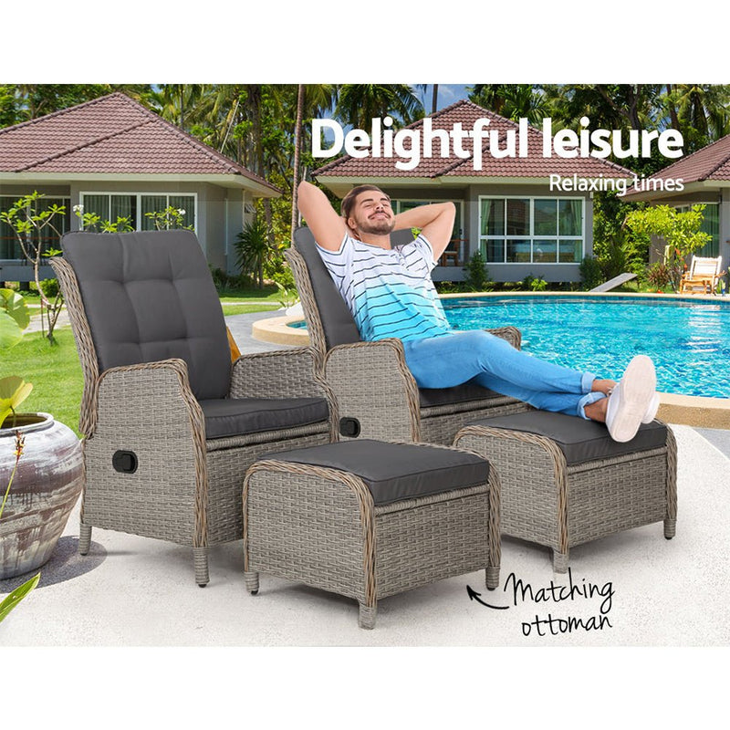 Furniture > Outdoor - Gardeon Set of 2 Recliner Chairs Sun lounge Outdoor Patio Furniture Wicker Sofa Lounger - Garden Yard
