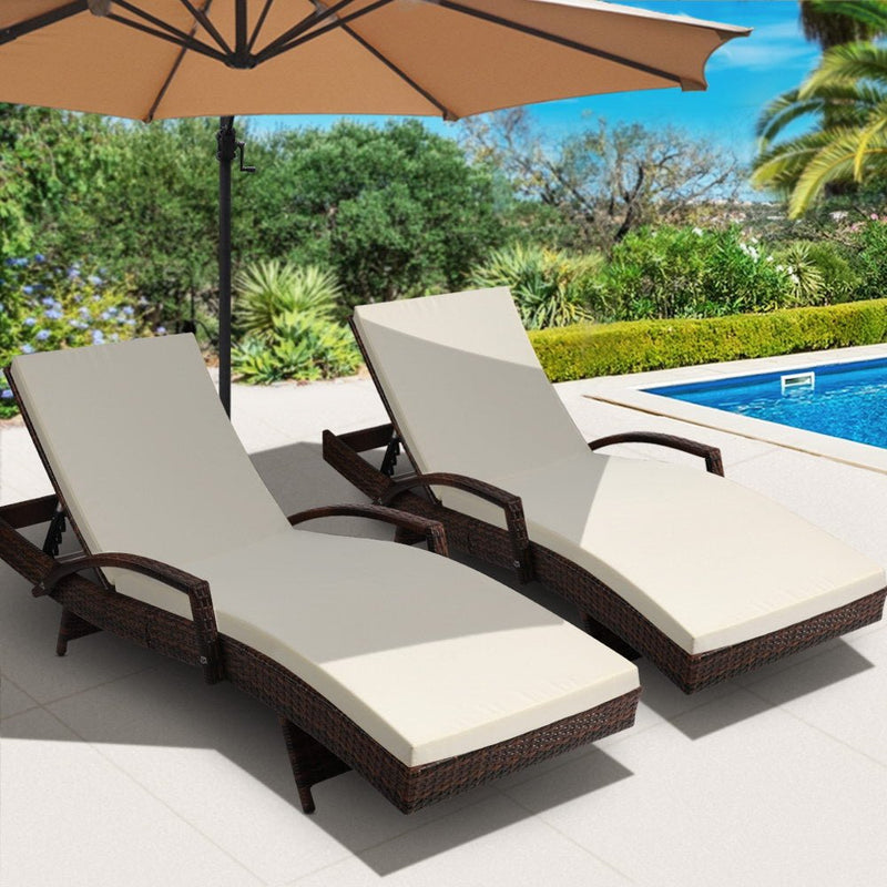 Furniture > Outdoor - Gardeon Set of 2 Sun Lounge Outdoor Furniture Day Bed Rattan Wicker Lounger Patio - Garden Yard